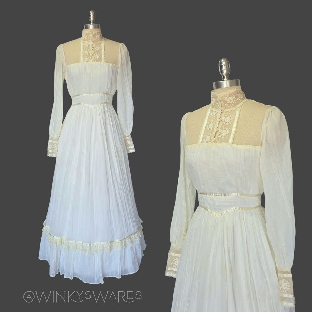 Gunne Sax Wedding Dress Size 11 Ivory Lace Vintage 70s Prairie Bridal Gown